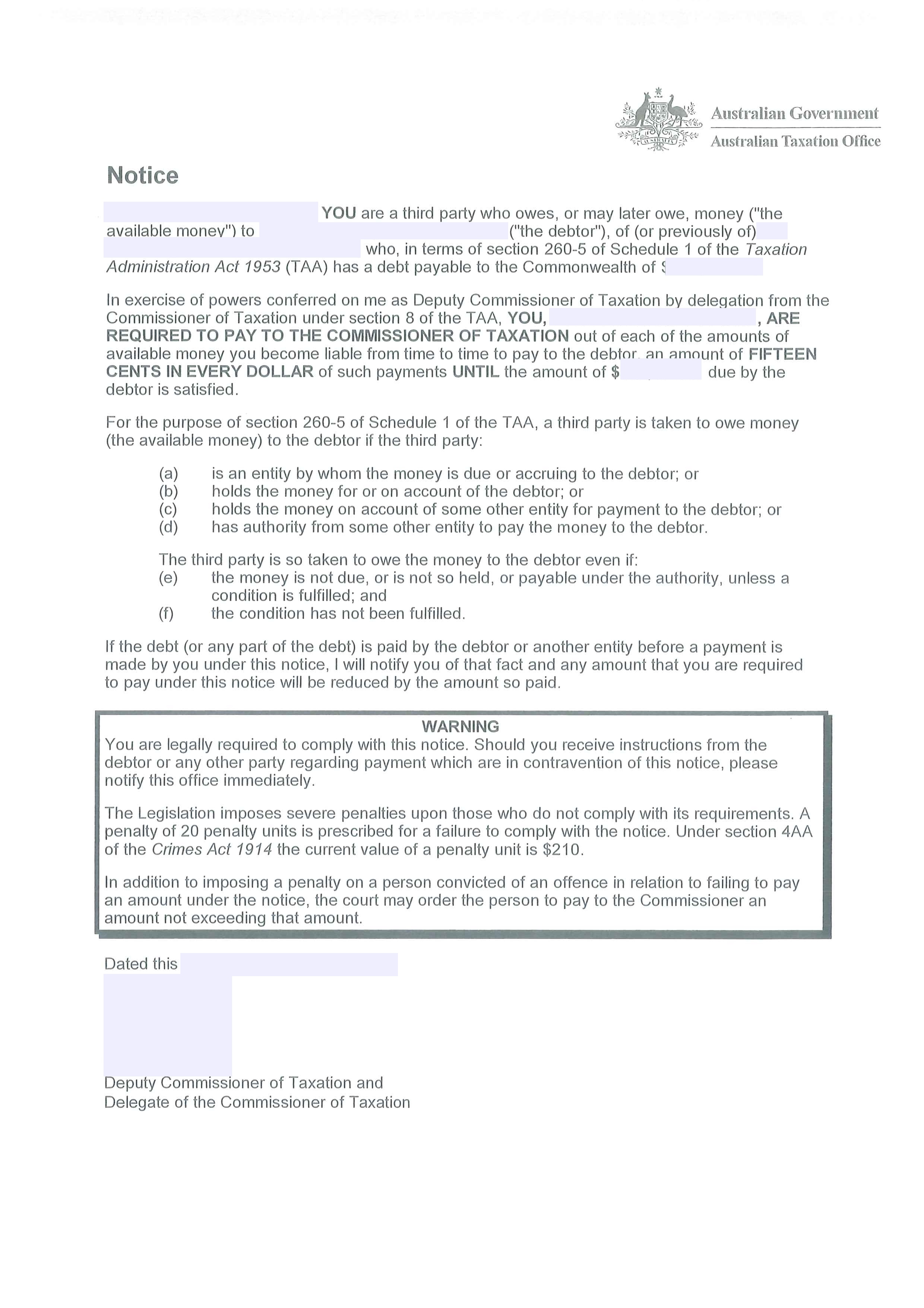 Australian Taxation Office Garnishee Notices 0333